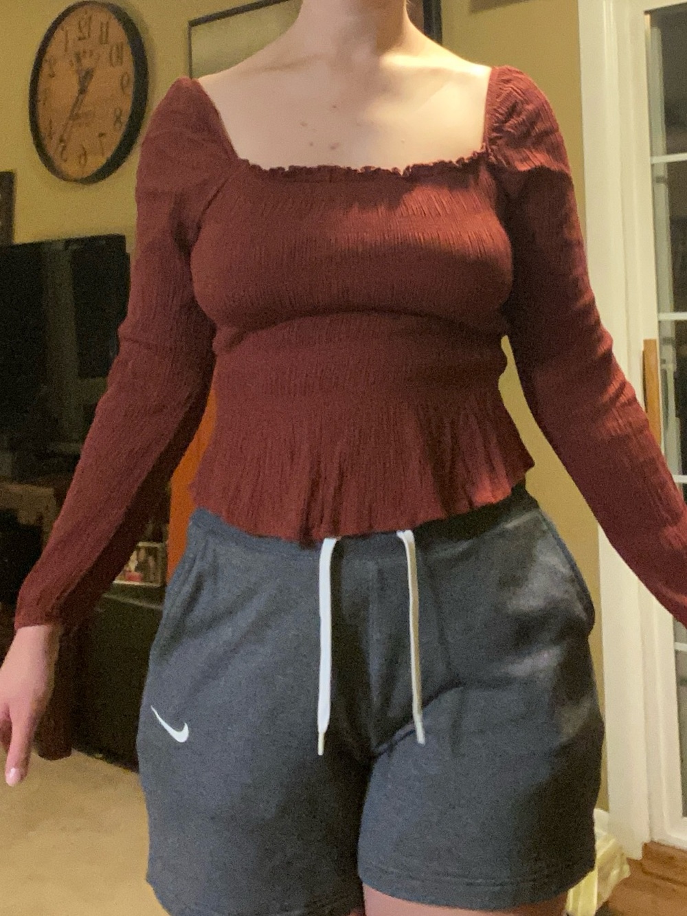 Burnt orange / warm brown ruched top with lettuce hem neckline